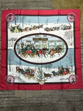 Authentic Hermès Horse Carriage Street Winter Field Red Blue White Silk Scarf 90